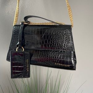 Black crocodile print bag w gold accents